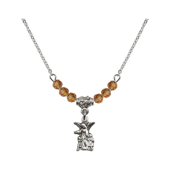 18-Inch Rhodium Plated Necklace with 4mm Yellow November Birth Month Stone Beads and Guardian Angel Charm