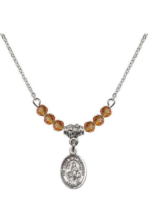 18-Inch Rhodium Plated Necklace with 4mm Yellow November Birth Month Stone Beads and Lord Is My Shepherd Charm