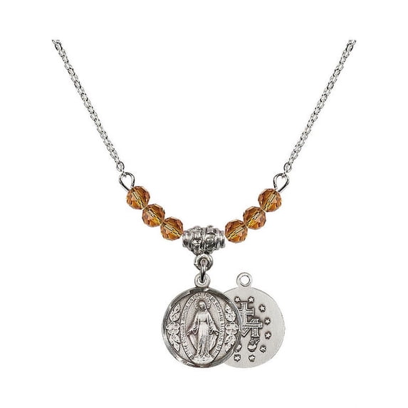 18-Inch Rhodium Plated Necklace with 4mm Yellow November Birth Month Stone Beads and Miraculous Charm