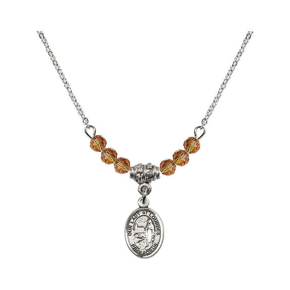 18-Inch Rhodium Plated Necklace with 4mm Yellow November Birth Month Stone Beads and Our Lady of Lourdes Charm