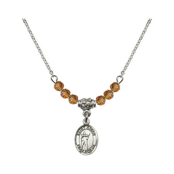 18-Inch Rhodium Plated Necklace with 4mm Yellow November Birth Month Stone Beads and Saint Aidan of Lindesfarne Charm