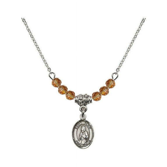18-Inch Rhodium Plated Necklace with 4mm Yellow November Birth Month Stone Beads and Saint Alice Charm
