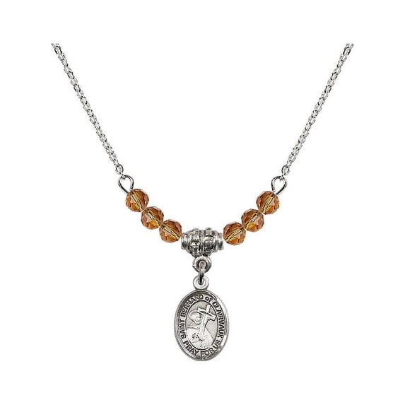 18-Inch Rhodium Plated Necklace with 4mm Yellow November Birth Month Stone Beads and Saint Bernard of Clairvaux Charm