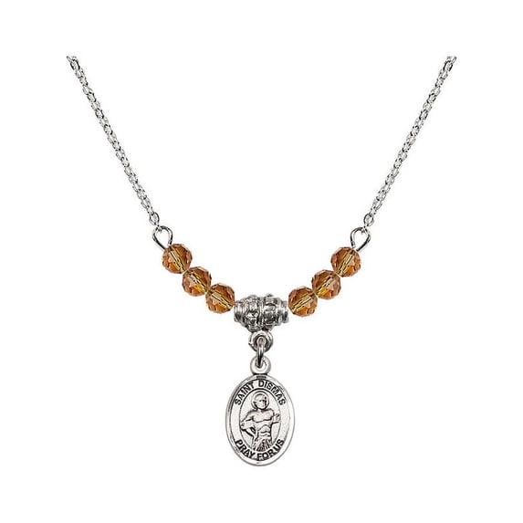 18-Inch Rhodium Plated Necklace with 4mm Yellow November Birth Month Stone Beads and Saint Dismas Charm