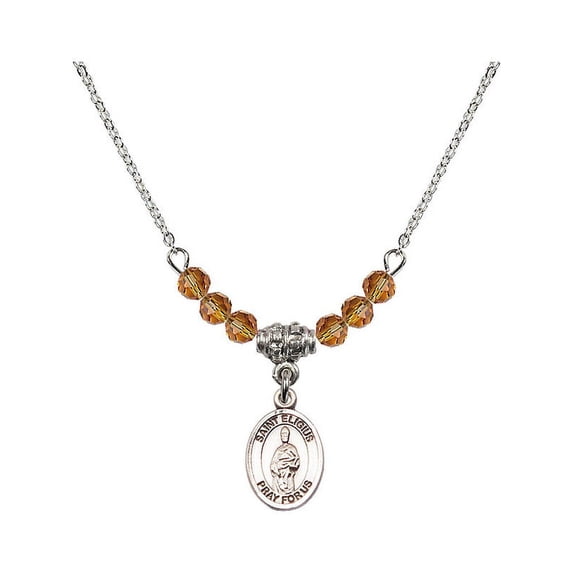 18-Inch Rhodium Plated Necklace with 4mm Yellow November Birth Month Stone Beads and Saint Eligius Charm