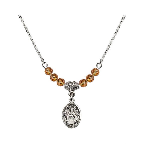 18-Inch Rhodium Plated Necklace with 4mm Yellow November Birth Month Stone Beads and Saint Gabriel Possenti Charm