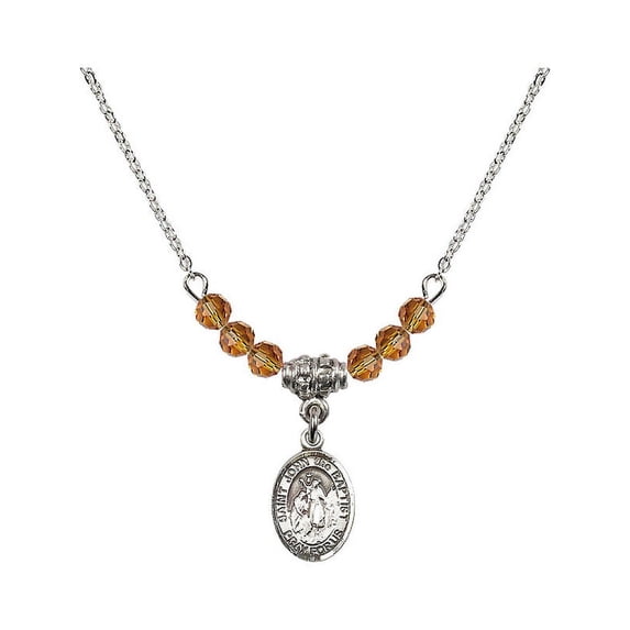 18-Inch Rhodium Plated Necklace with 4mm Yellow November Birth Month Stone Beads and Saint John the Baptist Charm