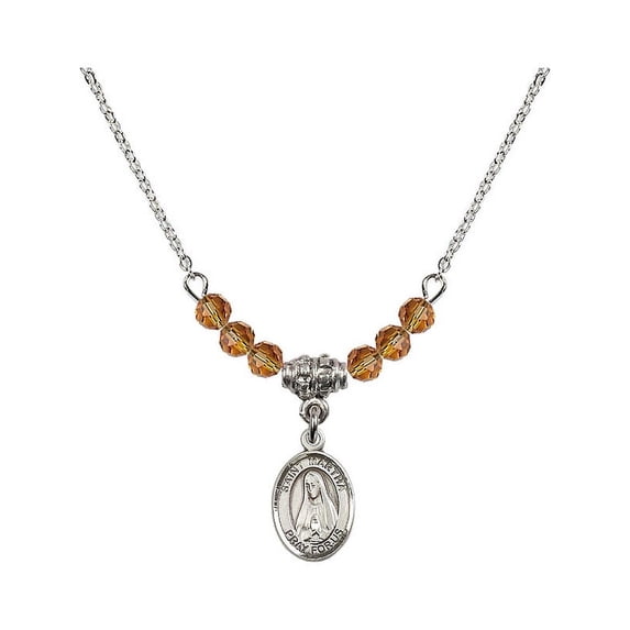 18-Inch Rhodium Plated Necklace with 4mm Yellow November Birth Month Stone Beads and Saint Martha Charm