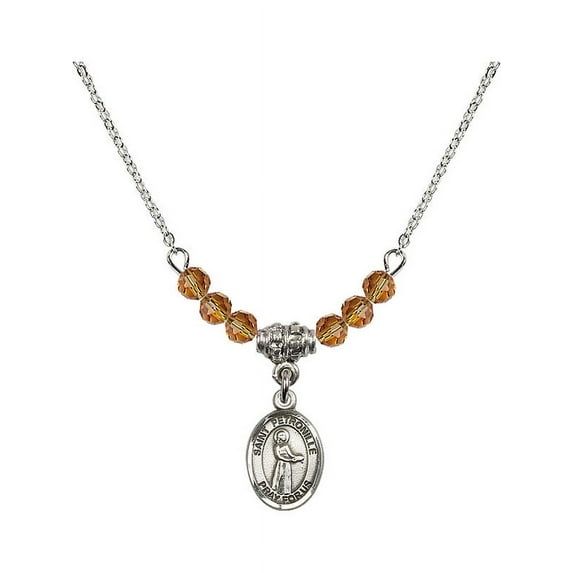 18-Inch Rhodium Plated Necklace with 4mm Yellow November Birth Month Stone Beads and Saint Petronille Charm