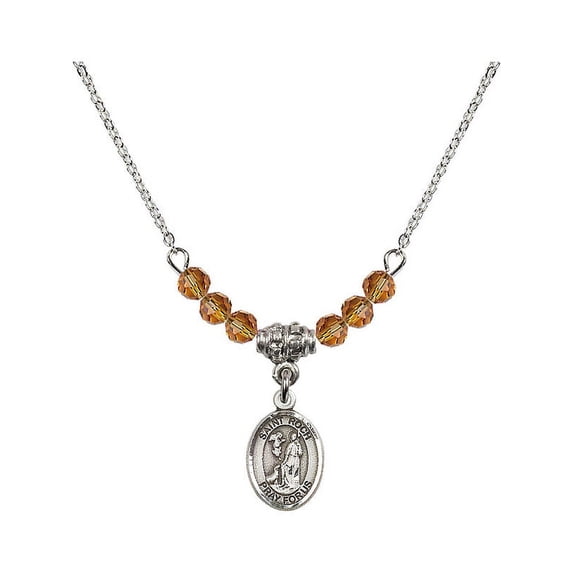 18-Inch Rhodium Plated Necklace with 4mm Yellow November Birth Month Stone Beads and Saint Roch Charm