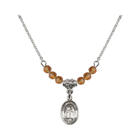 18-Inch Rhodium Plated Necklace with 4mm Yellow November Birth Month Stone Beads and Saint Valentine of Rome Charm