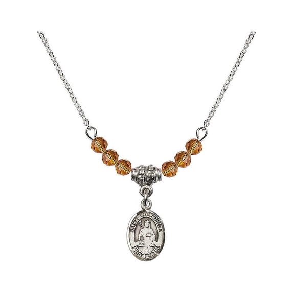 18-Inch Rhodium Plated Necklace with 4mm Yellow November Birth Month Stone Beads and Saint Walburga Charm