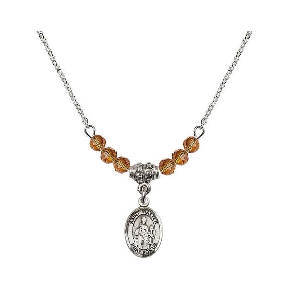 18-Inch Rhodium Plated Necklace with 4mm Yellow November Birth Month Stone Beads and Saint Walter of Pontoise Charm