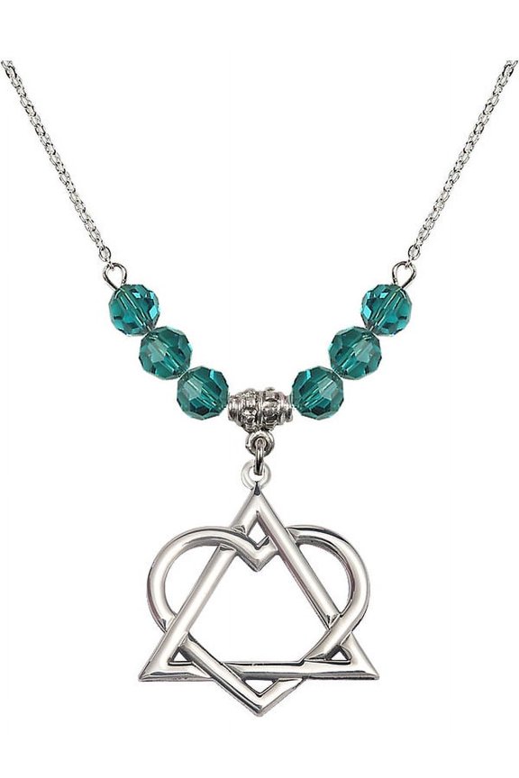18-Inch Rhodium Plated Necklace with 6mm Blue December Birth Month Stone Beads and Adoption Heart Charm