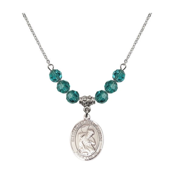 18-Inch Rhodium Plated Necklace with 6mm Blue December Birth Month Stone Beads and Blessed Herman the Cripple Charm