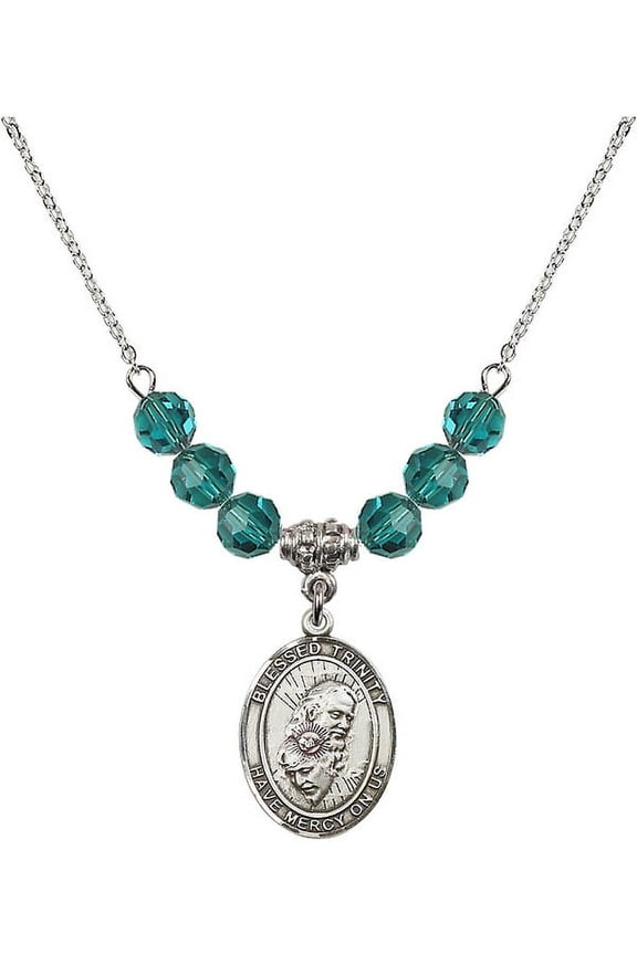 18-Inch Rhodium Plated Necklace with 6mm Blue December Birth Month Stone Beads and Blessed Trinity Charm