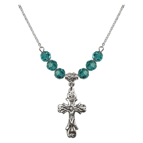 18-Inch Rhodium Plated Necklace with 6mm Blue December Birth Month Stone Beads and Crucifix Charm