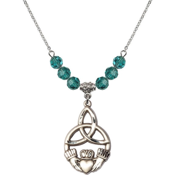 18-Inch Rhodium Plated Necklace with 6mm Blue December Birth Month Stone Beads and Irish Knot / Claddagh Charm