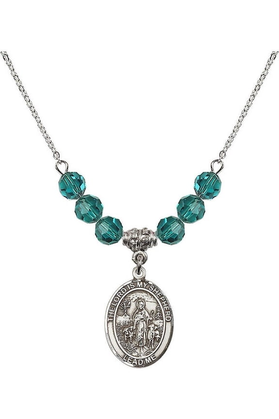 18-Inch Rhodium Plated Necklace with 6mm Blue December Birth Month Stone Beads and Lord Is My Shepherd Charm