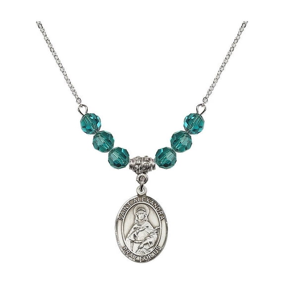 18-Inch Rhodium Plated Necklace with 6mm Blue December Birth Month Stone Beads and Saint Alexandra Charm