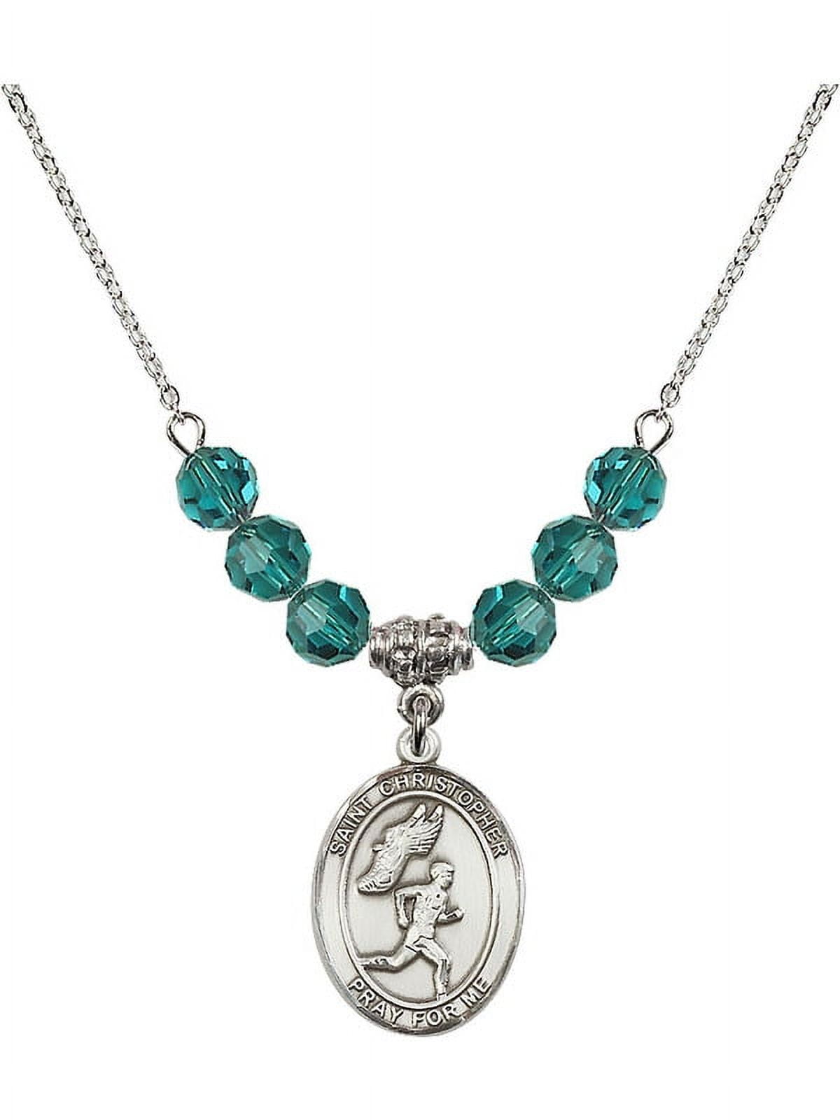 18-Inch Rhodium Plated Necklace with 6mm Blue December Birth Month Stone Beads and Saint Christopher/Track&Field-Men Charm