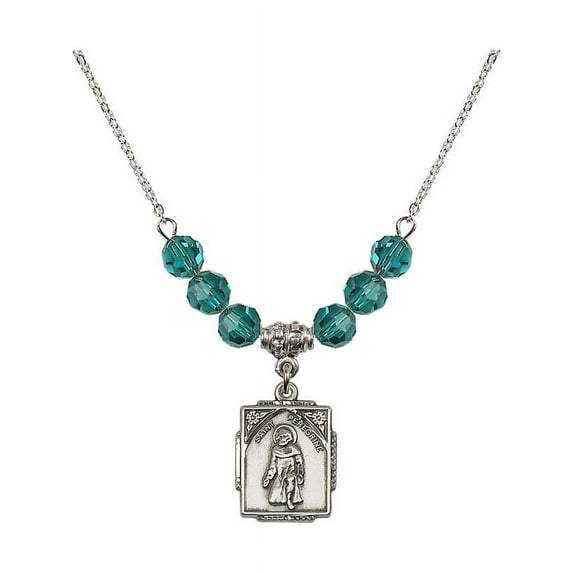 18-Inch Rhodium Plated Necklace with 6mm Blue December Birth Month Stone Beads and Saint Peregrine Charm