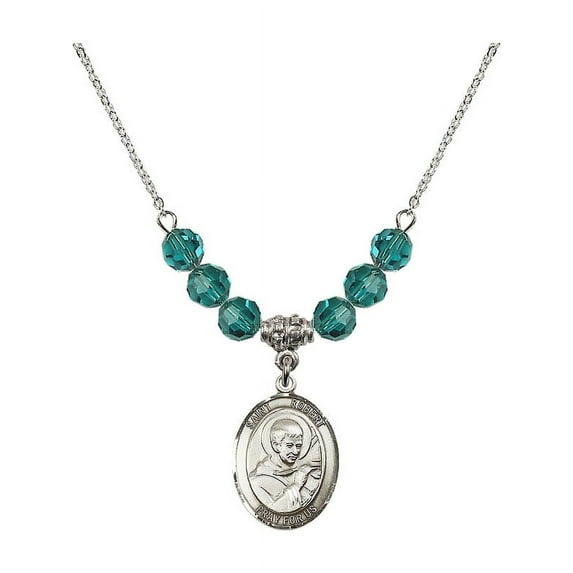 18-Inch Rhodium Plated Necklace with 6mm Blue December Birth Month Stone Beads and Saint Robert Bellarmine Charm