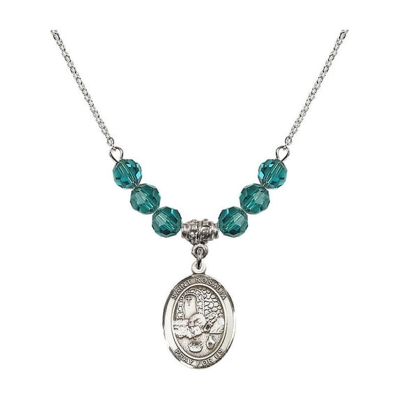 18-Inch Rhodium Plated Necklace with 6mm Blue December Birth Month Stone Beads and Saint Rosalia Charm