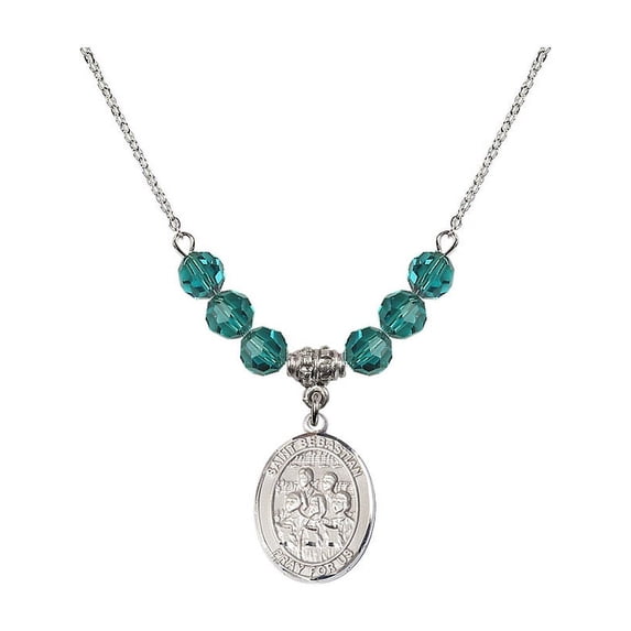 18-Inch Rhodium Plated Necklace with 6mm Blue December Birth Month Stone Beads and Saint Sebastian / Choir Charm