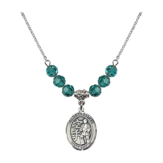 18-Inch Rhodium Plated Necklace with 6mm Blue December Birth Month Stone Beads and Saint Sebastian/Karate Charm