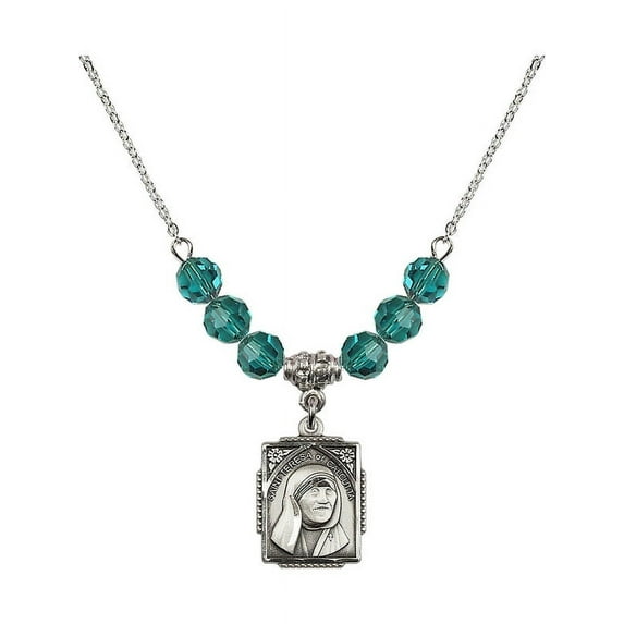 18-Inch Rhodium Plated Necklace with 6mm Blue December Birth Month Stone Beads and Saint Teresa of Calcutta Charm