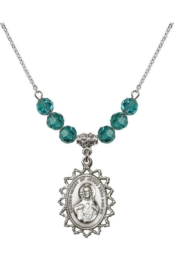 18-Inch Rhodium Plated Necklace with 6mm Blue December Birth Month Stone Beads and Scapular Charm