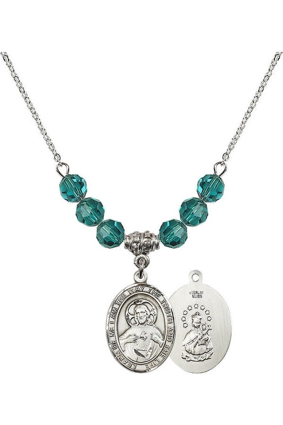 18-Inch Rhodium Plated Necklace with 6mm Blue December Birth Month Stone Beads and Scapular Charm