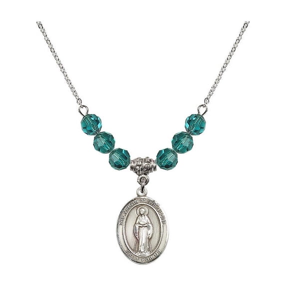 18-Inch Rhodium Plated Necklace with 6mm Blue December Birth Month Stone Beads and Virgin of the Globe Charm
