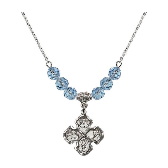 18-Inch Rhodium Plated Necklace with 6mm Blue March Birth Month Stone Beads and 4-Way Charm