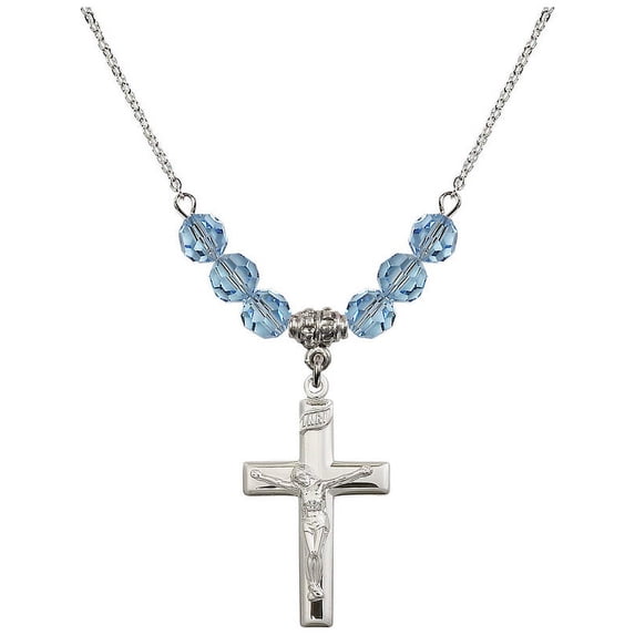 18-Inch Rhodium Plated Necklace with 6mm Blue March Birth Month Stone Beads and Crucifix Charm
