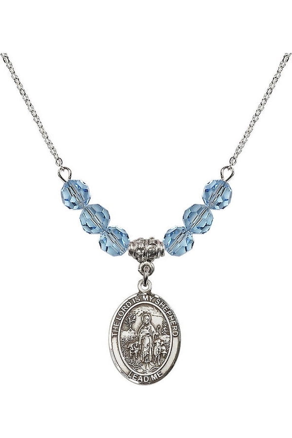 18-Inch Rhodium Plated Necklace with 6mm Blue March Birth Month Stone Beads and Lord Is My Shepherd Charm