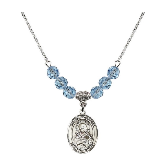 18-Inch Rhodium Plated Necklace with 6mm Blue March Birth Month Stone Beads and Mater Dolorosa Charm