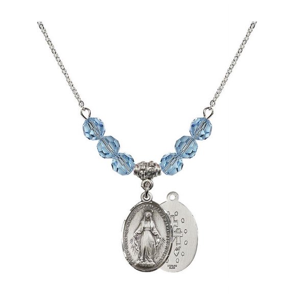 18-Inch Rhodium Plated Necklace with 6mm Blue March Birth Month Stone Beads and Miraculous Charm