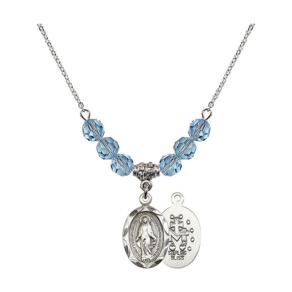 18-Inch Rhodium Plated Necklace with 6mm Blue March Birth Month Stone Beads and Miraculous Charm
