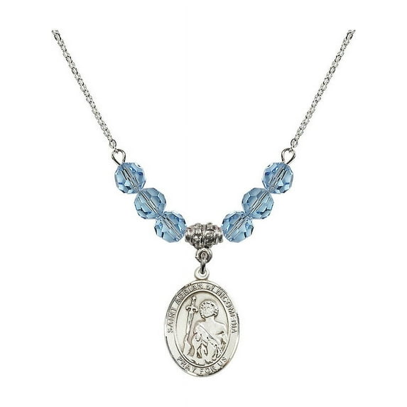 18-Inch Rhodium Plated Necklace with 6mm Blue March Birth Month Stone Beads and Saint Adrian of Nicomedia Charm