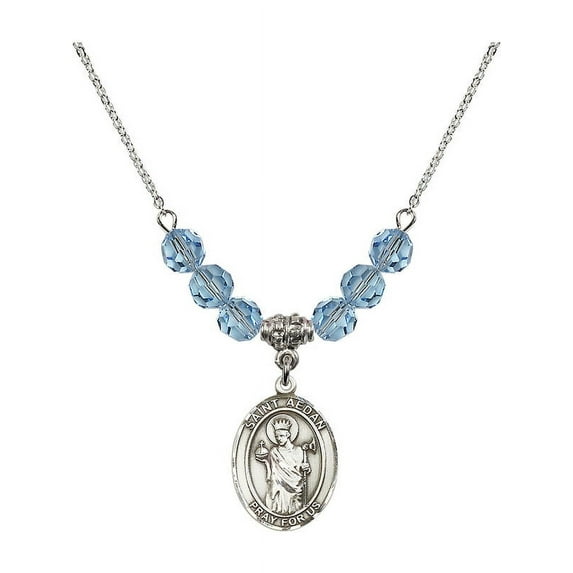 18-Inch Rhodium Plated Necklace with 6mm Blue March Birth Month Stone Beads and Saint Aedan of Ferns Charm