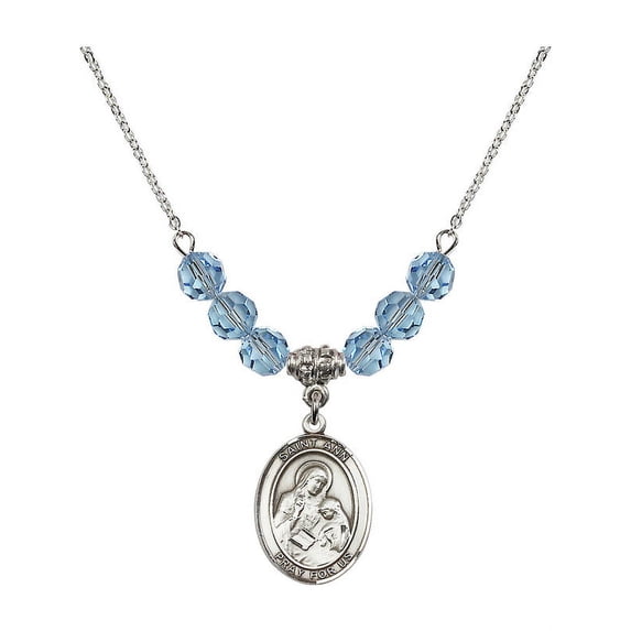 18-Inch Rhodium Plated Necklace with 6mm Blue March Birth Month Stone Beads and Saint Ann Charm