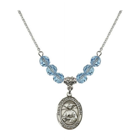 18-Inch Rhodium Plated Necklace with 6mm Blue March Birth Month Stone Beads and Saint Catherine Laboure Charm