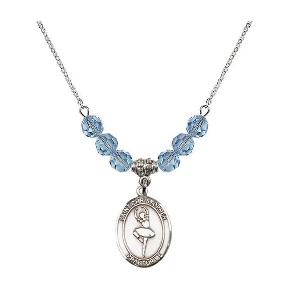 18-Inch Rhodium Plated Necklace with 6mm Blue March Birth Month Stone Beads and Saint Christopher/Dance Charm
