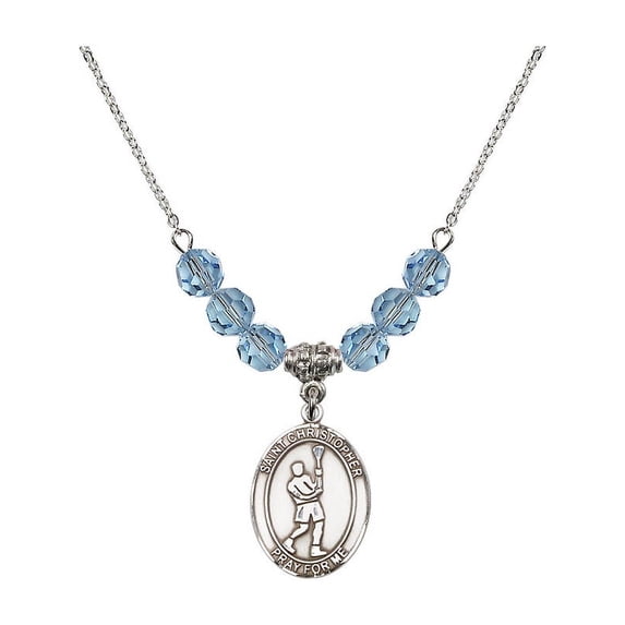 18-Inch Rhodium Plated Necklace with 6mm Blue March Birth Month Stone Beads and Saint Christopher/Lacrosse Charm
