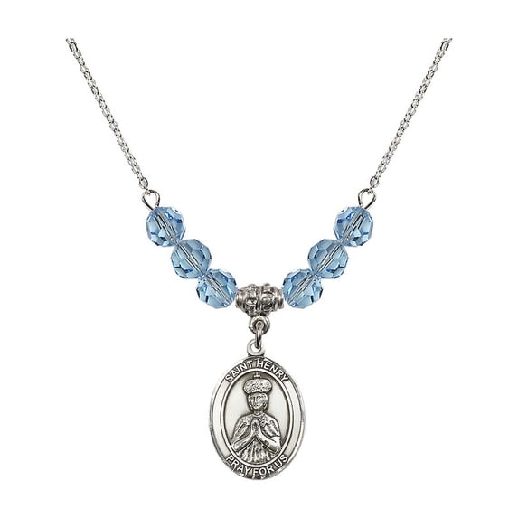18-Inch Rhodium Plated Necklace with 6mm Blue March Birth Month Stone Beads and Saint Henry II Charm