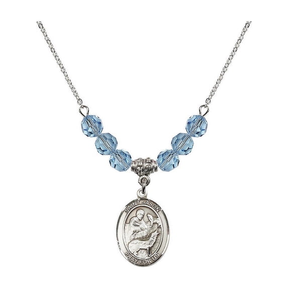18-Inch Rhodium Plated Necklace with 6mm Blue March Birth Month Stone Beads and Saint Jason Charm