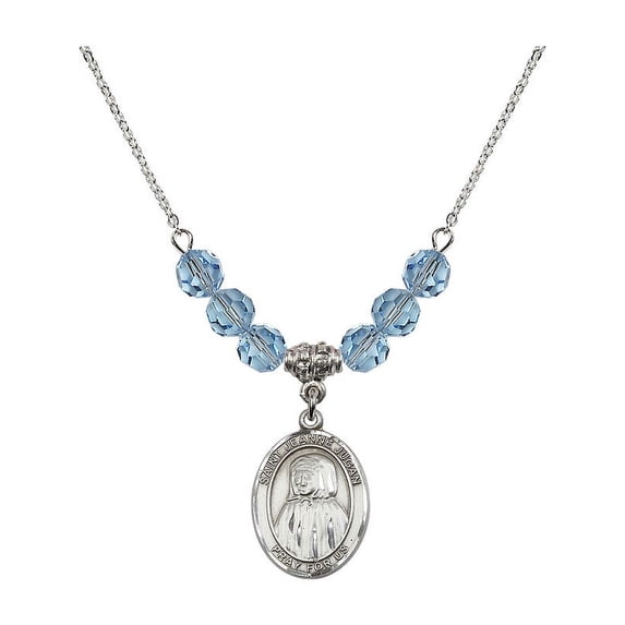 18-Inch Rhodium Plated Necklace with 6mm Blue March Birth Month Stone Beads and Saint Jeanne Jugan Charm