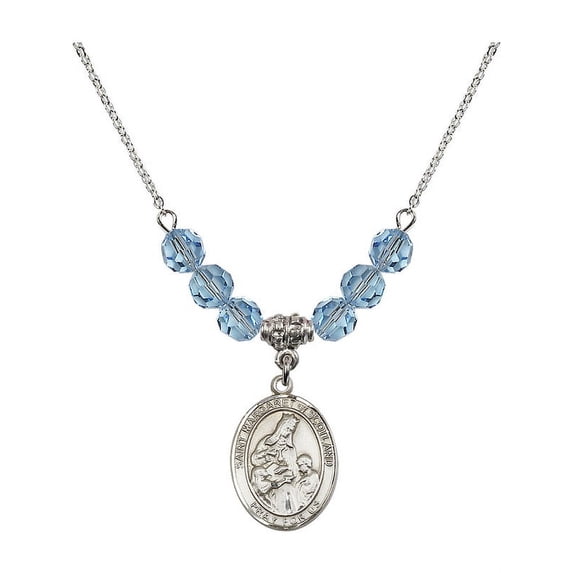 18-Inch Rhodium Plated Necklace with 6mm Blue March Birth Month Stone Beads and Saint Margaret of Scotland Charm